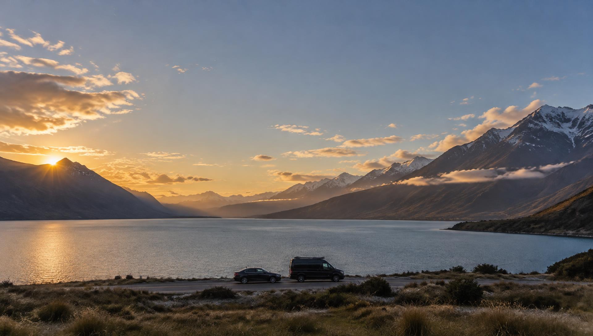 A sedan and passenger van on a lakeside road at sunset, New Zealand